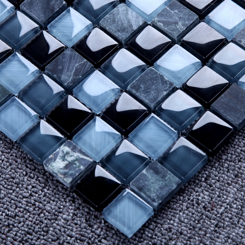 Black&Blue Glass Stone Tile for Kitchen Backsplash and Bathroom Square Pattern Grey Mosaic Wall Tiles Ocean Design Ideas SGT01