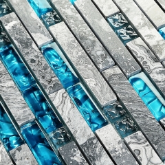Grey Marble mixed Blue Glass Mosaic Tiles Backsplash for Bathroom and Kitchen design GST02