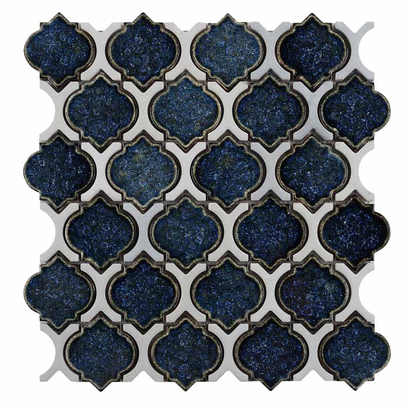 Chic navy blue arabesque tile porcelain mosaic in crackled design for