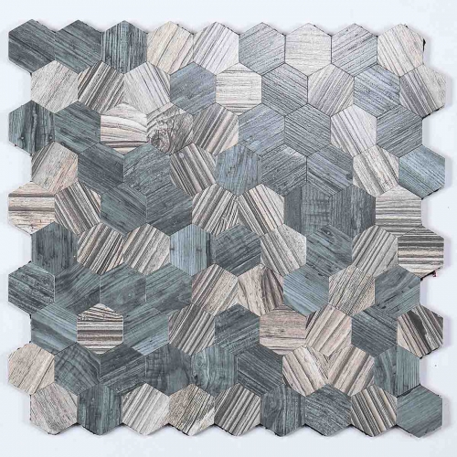 Grey Hexagon peel and stick tile with wood effect SOT1014