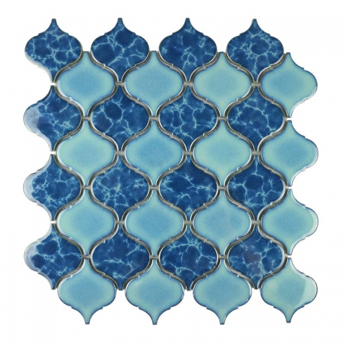 Light & Dark Blue Porcelain Tiles in Arabesque Pattern Kitchen Backsplash and Bathroom Floor Design CPT024