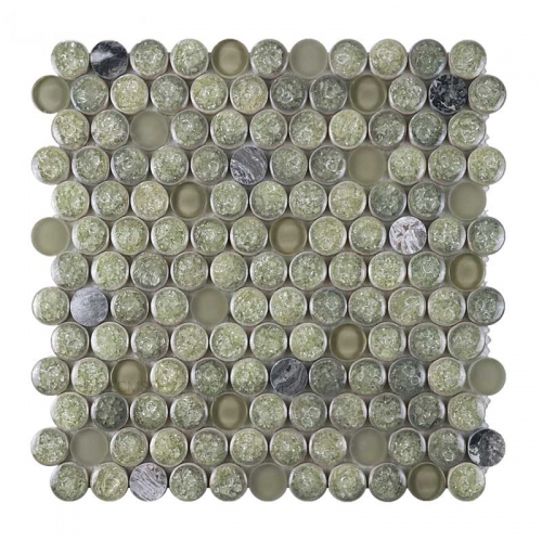 Blackish Green Crackled Porcelain Mixed Aqua Opaque Glass Mosaic Tiles with Penny Round Pattern GPT101