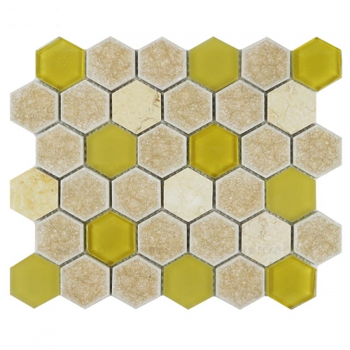 Crackled Porcelain and Opaque Glass Mosaic Tile with Hexagon Pattern Backsplash Design CPT026