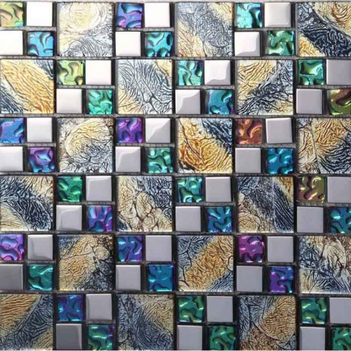 Iridescent Glass and Stainless Steel Mosaic Tile Backsplash MGT012