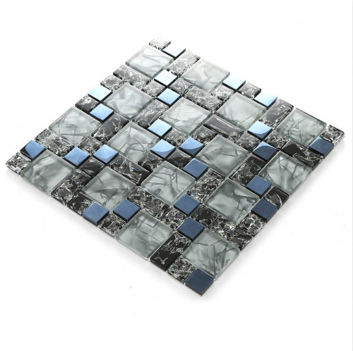 Grey Crackle Glass Tile Backsplash Mixed Metal Mosaic MGT018