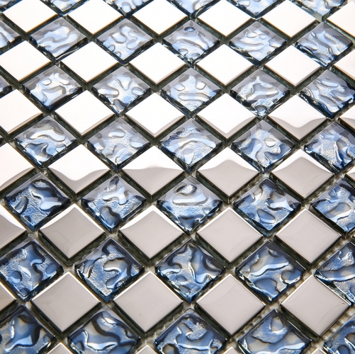 Stainless Steel and Blue Glass Mosaic Tile for Backsplash and Wall MGT020