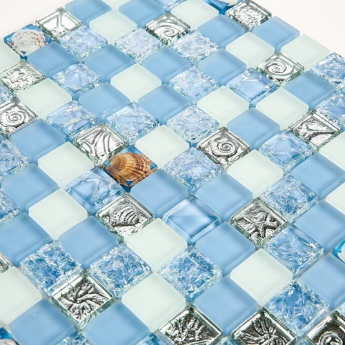 Blue And White Beach Glass Tile With Resin For Bathroom Wall