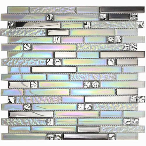 Decorative Iridescent Glass Stainless Steel Tile with Diamond for Kitchen Backsplash and Bathroom Wall MGT02