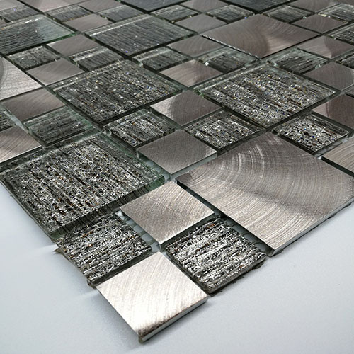 Square Glitter Glass and Brushed Aluminum Mosaic Tile in Metallic Grey Wall Backsplash MGT023