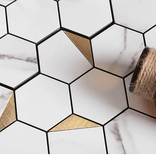 Plastic Peel and Stick Tile in White and Golden Stone Look for Kitchen Backsplash and Wall Adhesive Tiles SOT1025