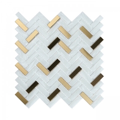 White Glass Metal Herringbone Mosaic Tile Design MGT030