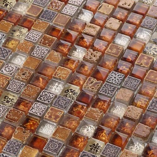 Orange Stone and Glass Mosaic Tile in Square GST136