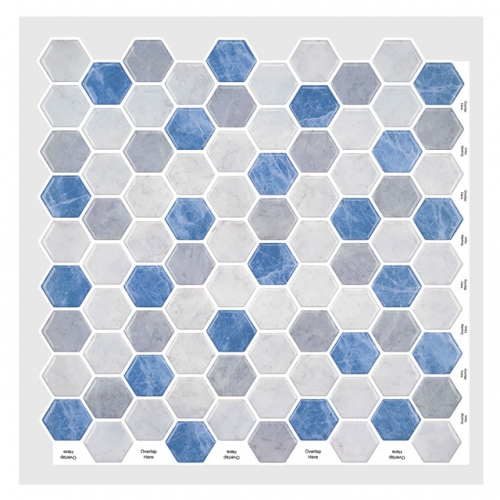 Blue and Grey Peel and Stick Tile Hexagon Mosaic Backsplash SOT1082  12"In x 12"In x 1mm（0.97 Sq.ft/Sheet）