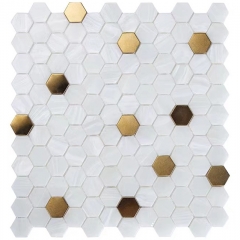 White Glass and Gold Metal hexagon backsplash  Design for Bathroom and Kitchen CGT015（0.84 Sq.ft/Sheet）