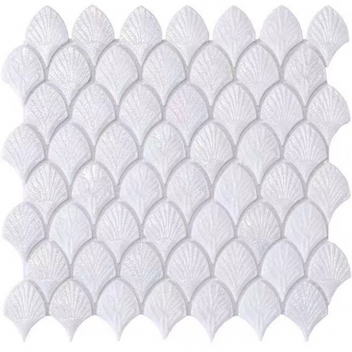 White Leaf Shaped Glass Tiles for bathroom and kitchen  CGT057（0.84 Sq.ft/Sheet）