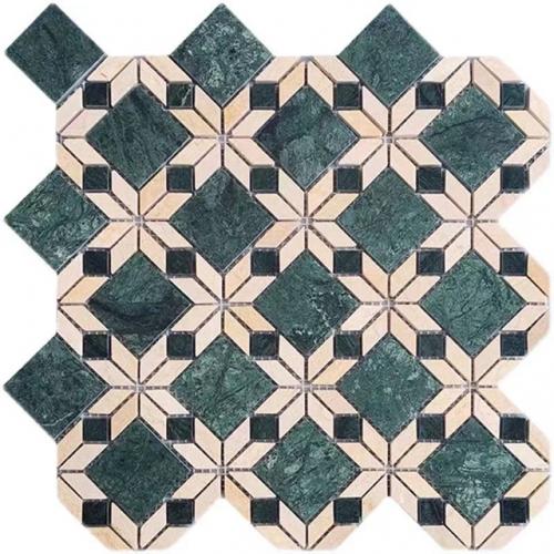 Green & Yellow Trapezoid and Square Marble   Backsplash Mosaic Tile SMT317（1.05 Sq.ft / Sheet）