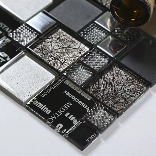 Square Black Glass and Metal Backsplash Tile Lettering Mosaic 0.97 sqft/sheet