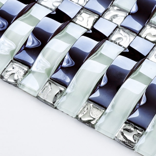Wave Glass Backsplash Tile White and Blue Mosaic CGT023