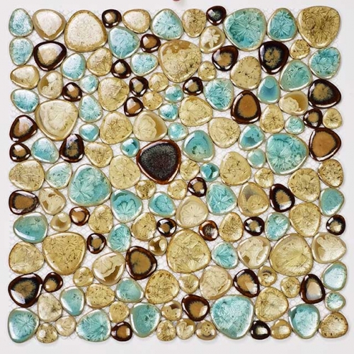 Glazed Green and Brown Pebble Porcelain Mosaic Tile with Mesh Backing for Floor and Wall Decor CPT195